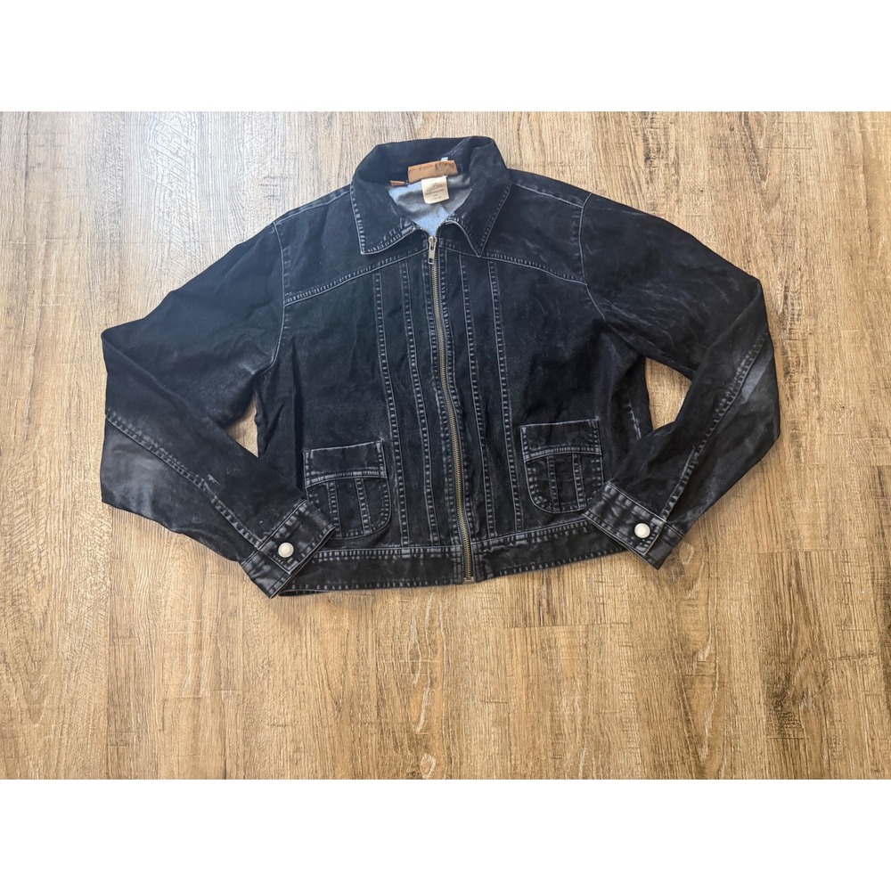 Lee Jeans One True Fit Black Denim Jacket Zip Front Rayon Cotton Blend Medium
